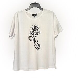Fred David White Tee with Black Floral Embroidery